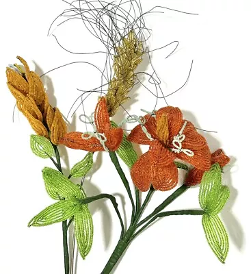 Vintage Beaded Flowers French Seed Bead Arrangement Tiger Lilies Orange Yellow • $74.99