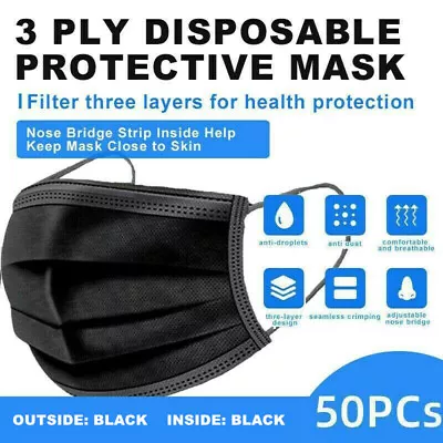 [Black] 3-Ply Face Mask Disposable Non Medical Surgical Earloop Mouth Cover • $4.90