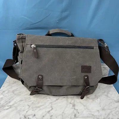 Messenger Laptop Bag Crossbody Carry On 15” Width Canvas Charcoal Gray And Brown • $25