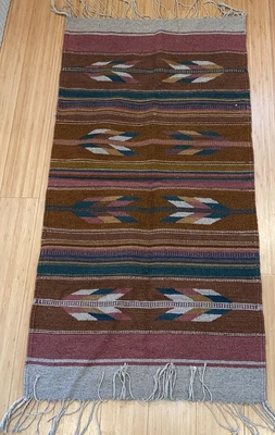 $90 • Buy Zapotec Oaxacan 55x28  HandWoven Arrow Pattern Tapestry Rug Wool Tassels Brown
