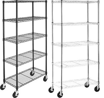 5 Tier Shelving Unit With 4  Wheels Black/Chrome Storage Rack Holds Up To 680 Kg • £99.99