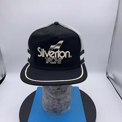 Vintage 3 Stripe Trucker Hat Mens White Black Snapback SILVERTON YACHT Made USA • $49.99