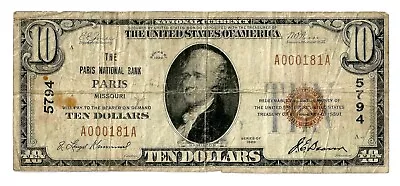 Paris Missouri (MO) $10 National Bank Note 1929 Type 1 Charter 5794 - Scarce! • $599