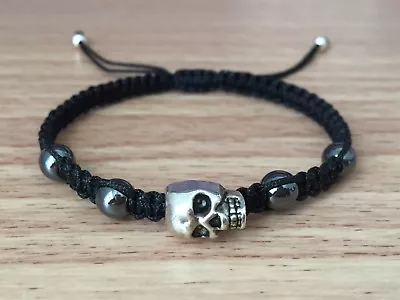 Men's Fashion Silver Skull Braided Black Adjustable Hematite Shamballa Bracelet • $12.49