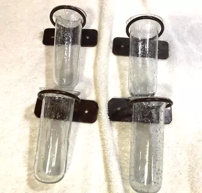 VINTAGE CLEAR BUBBLE GLASS WALL POCKETS With METAL WALL HANGERS - SET Of 4 • $29.95
