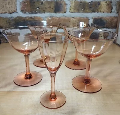 4 Pink Optic Panel Tiffin Panel Champagne Cocktail Glasses And 1-Sherry Glass • $24.95