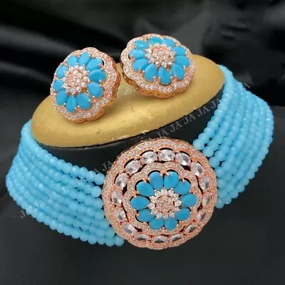 AD CZ Pakistani Indian Bollywood Gold Plated Choker Necklace Bridal Jewelry Sets • $30.32