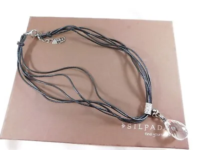 SILPADA Sterling Silver Black Leather Faceted Teardrop Quartz Necklace N1494 • $47.99