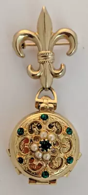 Vintage Coro Pegasus 4 Picture Fleur De Lis Locket Brooch Green Stones And Pearl • $18.48