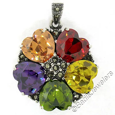 Sterling Silver Multi Heart Gemstone & Marcasite Flower Cluster Pendant W/ Chain • $23.97