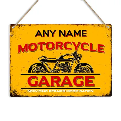 MOTORCYCLE GARAGE PERSONALISED Retro Metal Sign Wall Plaque Name Garage Man Cave • £6.49