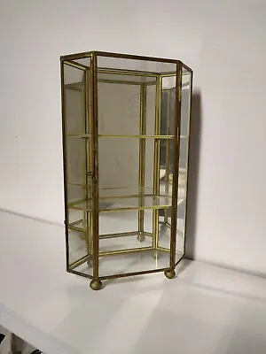 Vintage Brass Glass Curio Cabinet W/ Shelf Door Latch Hexagon Display • $100