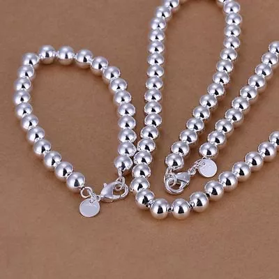 Fashion 925Sterling Solid Silver 8MM Beads Bracelet Necklace Jewelry Sets S081 • $7.99