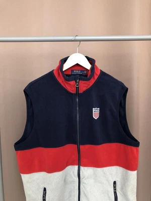 £108 • Buy Polo Ralph Lauren Retro Colorblocked American Flag Shield Fleece Jacket Vest L