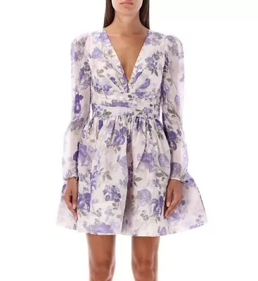 ZIMMERMANN Lyrical Cross Over A-Line Mini Dress Floral SIZE 0 Purple Flowers • $499.99