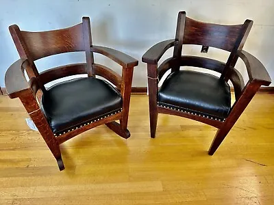 Antique SUPERB Pair Of Chairs Stickley Era. Barrel  By Mi. Chair Co. W-7237 • $1890