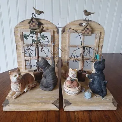 VTG Playful Cats 2 Bookends 3D Resin Yarn Balls Window Birds Metal Tree AS IS • $18