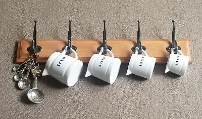 Set 4 White Ceramic Measuring Cups Ganz Owl Spoons W/5-Hook IKEA Wood Wall Rack  • $39.99