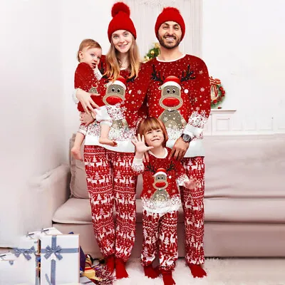 Family Matching Christmas Pyjamas Adult Kids Xmas Deer Nightwear PJs Set Xmas UK • £8.89