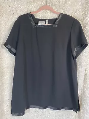 Maggie Shepherd Australia Womens Sz L Black Blouse Square Neck Satin Trim Tunic • $31.99