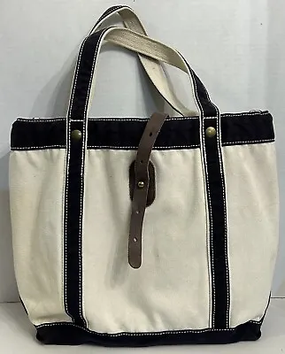 Lands End Canvas 1963 Cream & Navy Canvas Fabric Tote Bag With Leather Strap • $42.56