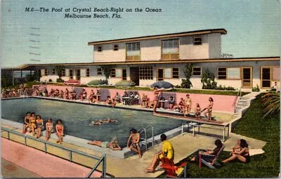 1954 Swimming Pool At Crystal Beach MELBOURNE BEACH Florida Linen Postcard • $8