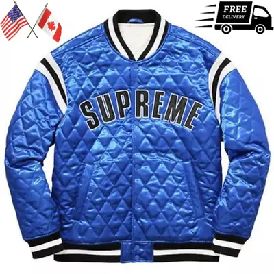 Men's Supreme Diamond Quilted Bomber Varsity Blue Satin Jacket Free Shipping • $98.99