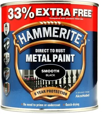 Hammerite Smooth Black 1L Direct To Rust Metal Paint 750ml + 33% FREE = 1 Litre • £24.95