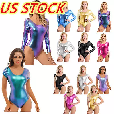 US Women's Long/Shorts Sleeve Shiny Metallic Gymnastics Dance Leotard Dancewear • $10.43