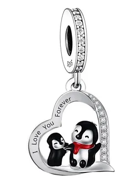 Penguin & Baby I Love You Heart Charm Gift 💜 Genuine 925 Sterling Silver • £16.89
