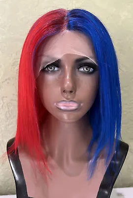 Lace Front 100% Natural Real Human Hair Wig Red Blue  12 Inch Straight T-part L • $95