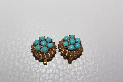 Unique Vintage Turquoise Gold Earrings Studs Gorgeous • $385