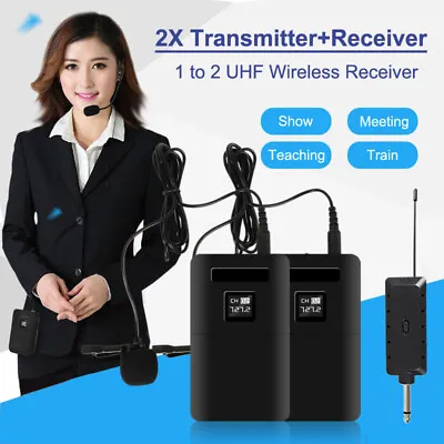 UHF Wireless Microphone System Headset Mic 2x Transmitter Receiver Portable LED • £25.63