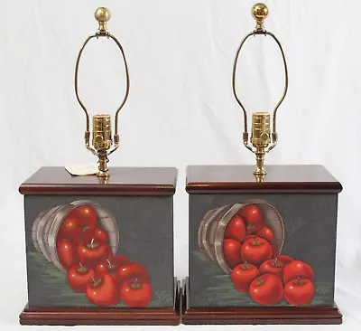 Kaiser Kuhn Wood Box Hand Painted Apple Folk Art Table Lamps Pair Nancy Kinney • $99.99