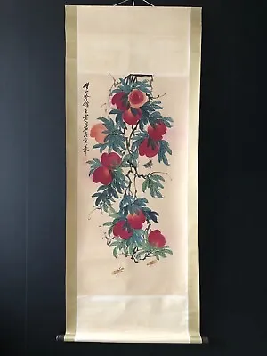 Old Chinese Antique Hand Painting Scroll Peachs Insects By Qi Baishi寿桃草虫 • $168