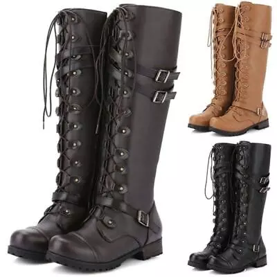 Womens Knee High Lace Up Buckle Military Combat Boots PU Leather Shoes • $61.25