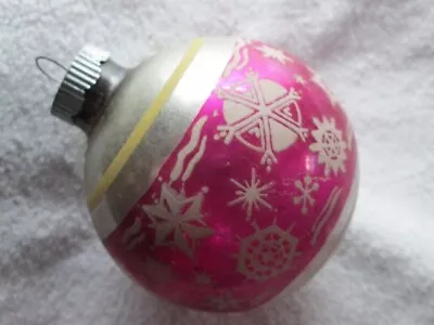 Vintage Shiny Bright Striped Christmas Ornament 3 Inch Pink White Snowflakes • $9.75