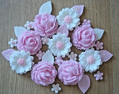 2 - PINK  ROSE BOUQUET Edible Sugar Paste Flowers Cup Cake Decorations Toppers • £8.50