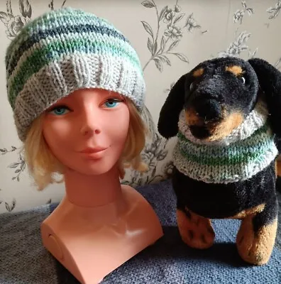 Hand Knitted Adult Beanie Hat And Matching Dog Snood - Fairisle - Aran - New • £15