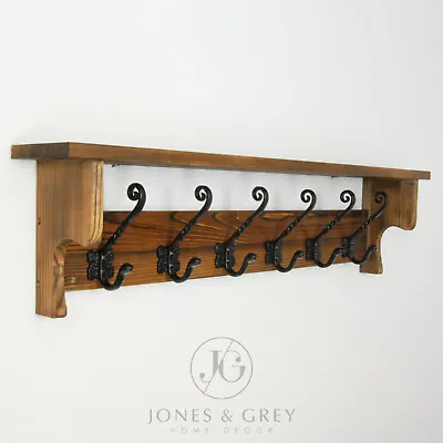 Antique Rustic Brown Wooden Wall Coat Rack With Shelf 6 Vintage Cast Iron Hooks • £44.99