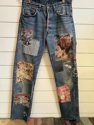 Upcycled Patched Distressed Frida Kahlo Flower Art Jeans Vintage Levi’s 501 • $149