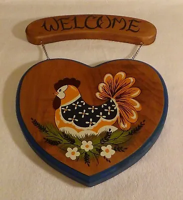 NOS - Vintage Wood Welcome Sign Heart W/Chicken Wall Hanging For Kitchen Porch • $8