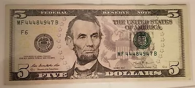 2013 (F) $5 Five Dollar Bill Federal Reserve Note Atlanta Fancy Serial 5 4s • $10.95