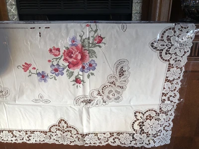 $9.99 • Buy Vintage Printed Lace Vinyl Tablecloth Cross Stitch Flowers 53x54 White 