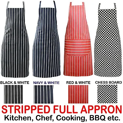 £5.99 • Buy Striped Chef Aprons Check Cotton Butcher Cooking Kitchen Catering BBQ Bib Pocket