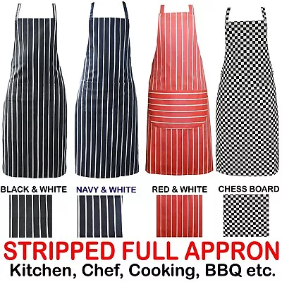 Striped Chef Aprons Check Cotton Butcher Cooking Kitchen Catering BBQ Bib Pocket • £7.99