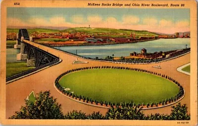 Postcard McKees Rocks Bridge And Ohio River Boulevard Pittsburgh PA Linen 1943 • $3.99