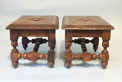 Pair Of Antique English Oak Foot Stools. Carved Details. Useful And Decorative. • $585