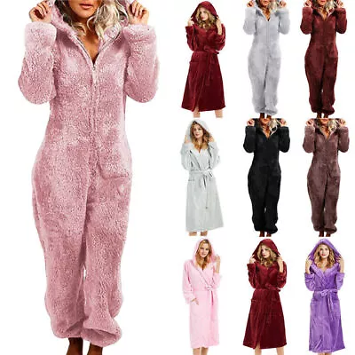 Womens Hooded Fleece Dressing Gown Fluffy Plain Comfy Jumpsuit Lounge Bathrobe☆ • £30.48