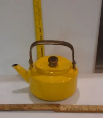 Vintage MCM Yellow Tea Pot Kettle  Enamelware Metal Nice Decor • $22.30